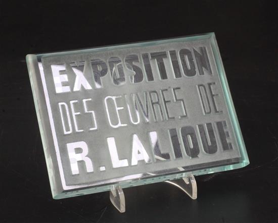 An inter-war period Exposition Des Oeuvres De R. Lalique exhibition plaque, introduced in 1931, 10 x 13.5cm.